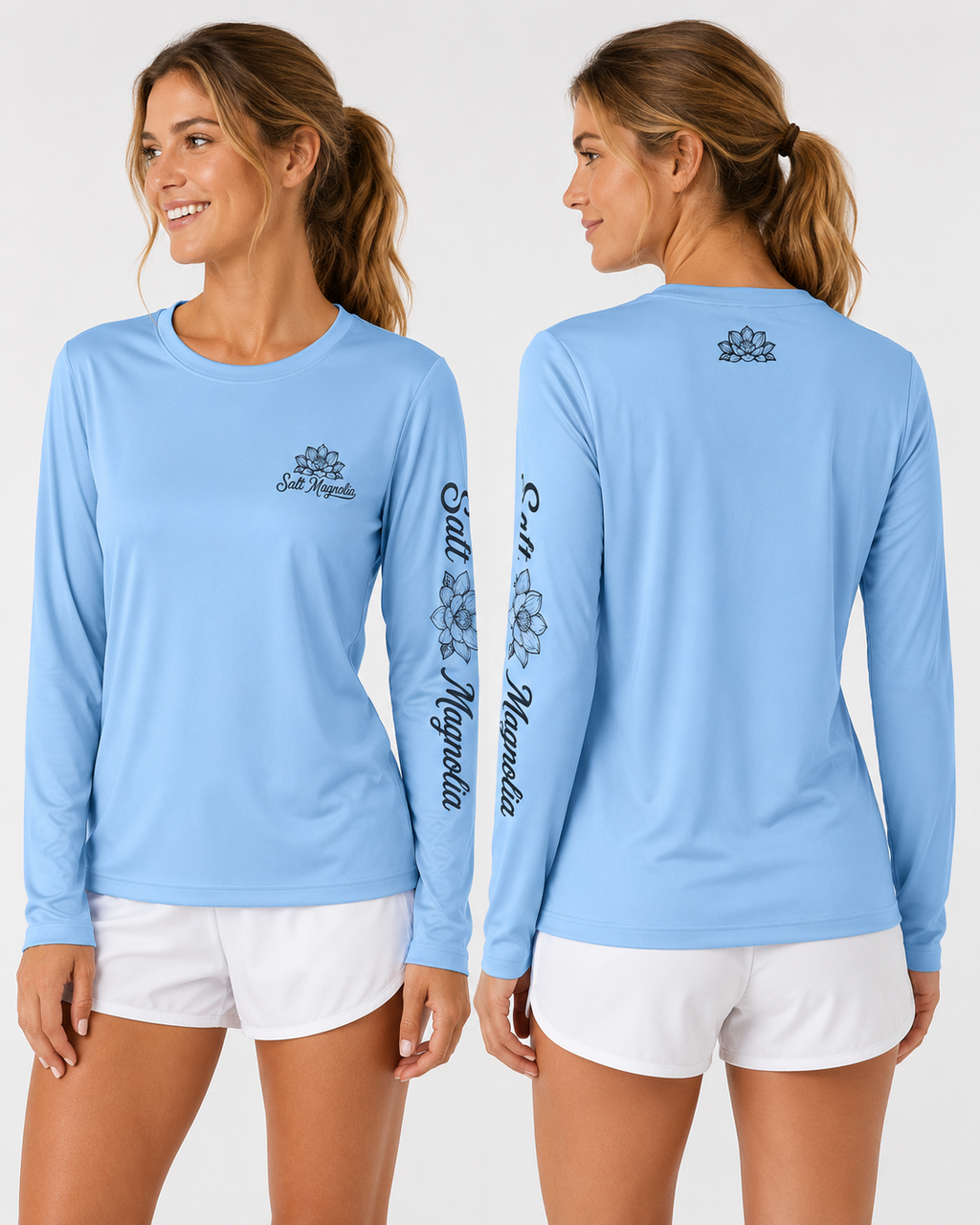 Salt Magnolia UPF 50 Long Sleeve Sun Shirt modeled in Light Blue, front and back