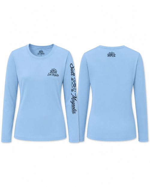 Salt Magnolia UPF 50 Long Sleeve Sun Shirt in Light Blue, front and back