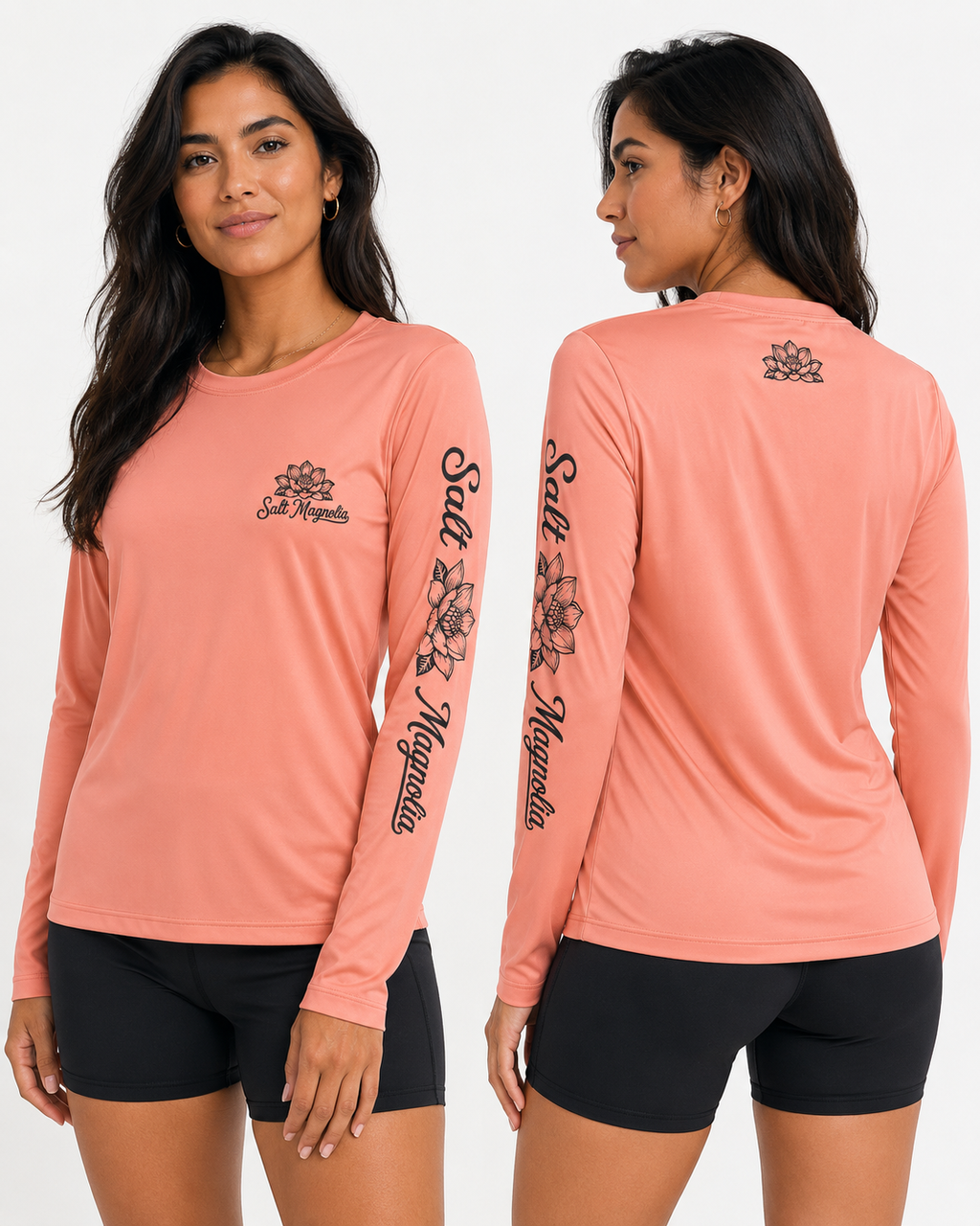 Salt Magnolia UPF 50 Long Sleeve Sun Shirt modeled in Soft Coral, front and back