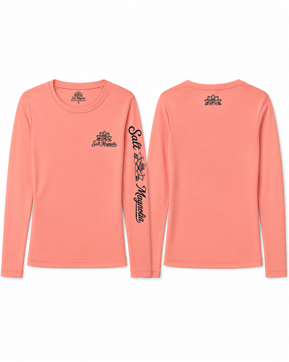 Salt Magnolia UPF 50 Long Sleeve Sun Shirt in Soft Coral, front and back