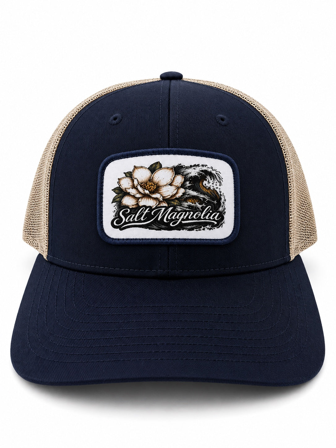 Salt Magnolia Floral Wave Patch Hat in navy and khaki with magnolia and wave patch