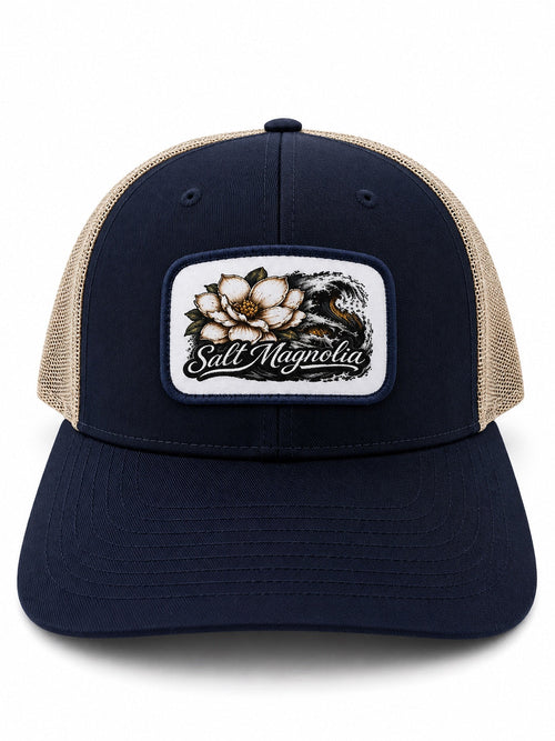 Salt Magnolia Floral Wave Patch Hat in navy and khaki with magnolia and wave patch