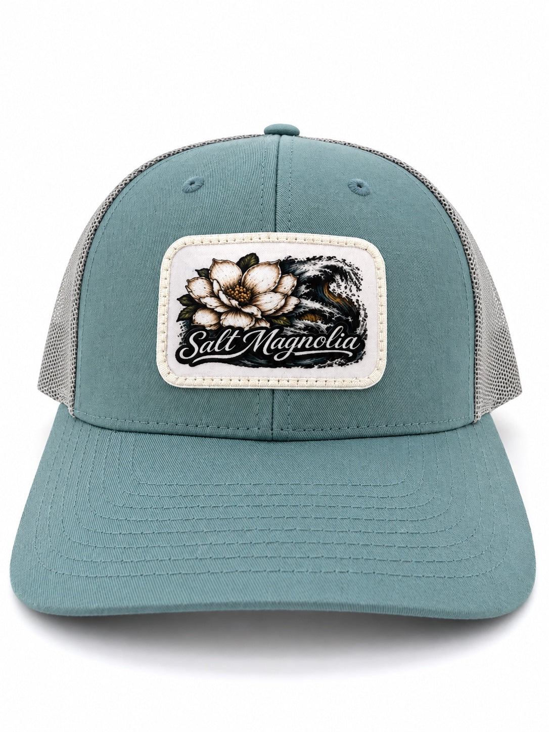 Salt Magnolia Floral Wave Patch Hat in smoke blue aluminum with magnolia and wave patch