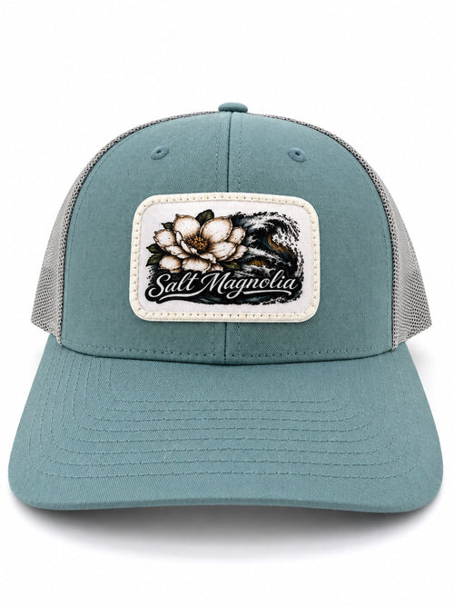 Salt Magnolia Floral Wave Patch Hat in smoke blue aluminum with magnolia and wave patch