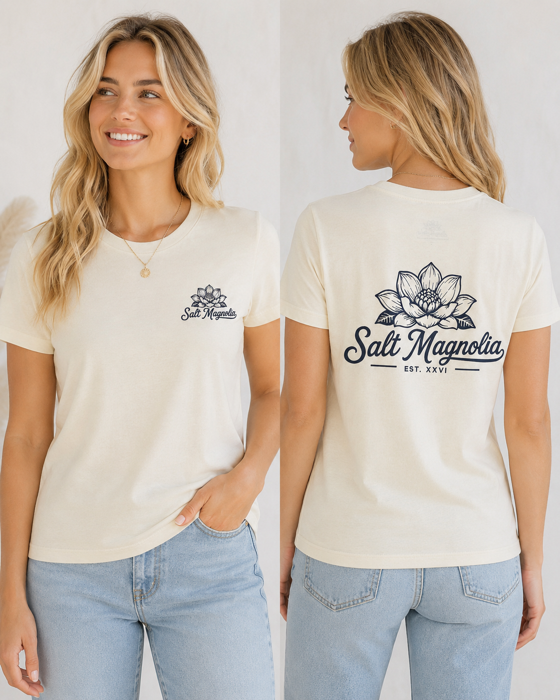 Salt Magnolia Classic Logo Tee modeled in Natural, front and back