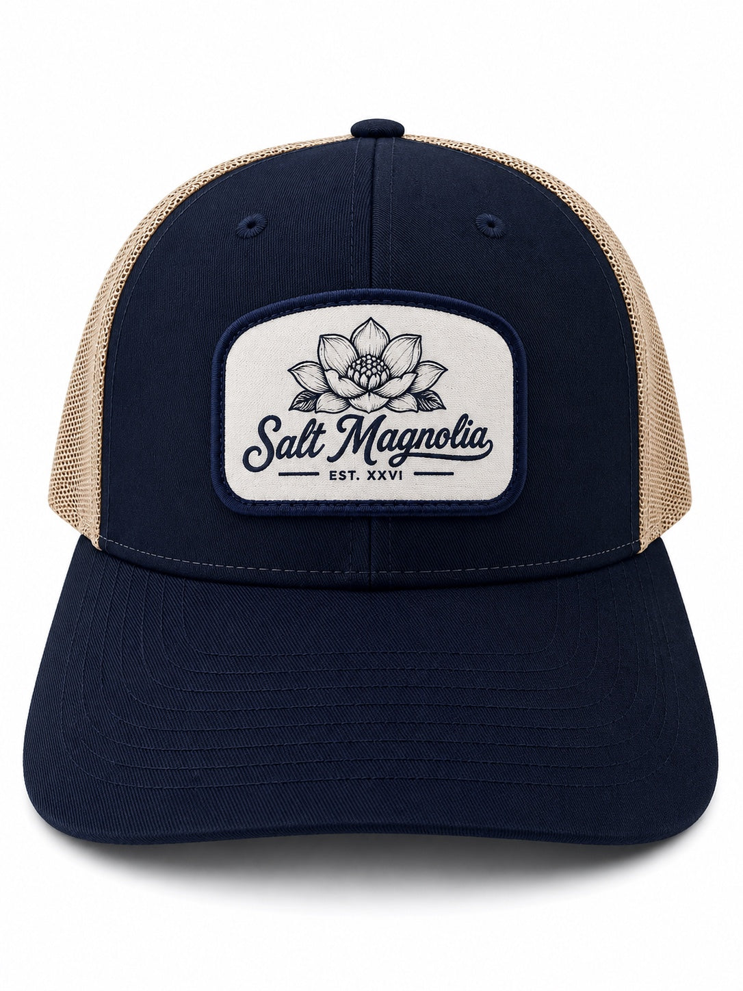 Salt Magnolia Classic Logo Patch Hat in Navy Dark Khaki - trucker hat with white magnolia logo patch