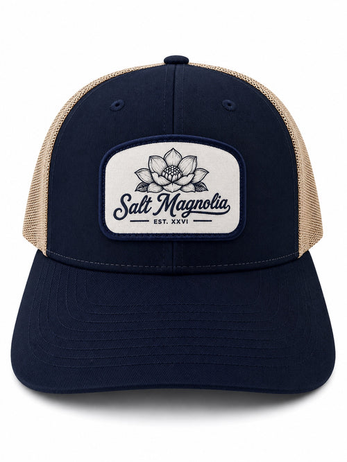 Salt Magnolia Classic Logo Patch Hat in Navy Dark Khaki - trucker hat with white magnolia logo patch