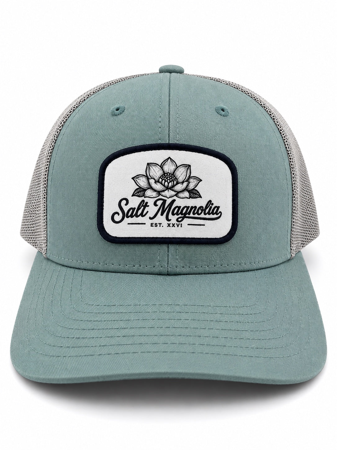 Salt Magnolia Classic Logo Patch Hat in Smoke Blue Aluminum - trucker hat with white magnolia logo patch
