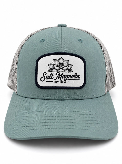 Salt Magnolia Classic Logo Patch Hat in Smoke Blue Aluminum - trucker hat with white magnolia logo patch