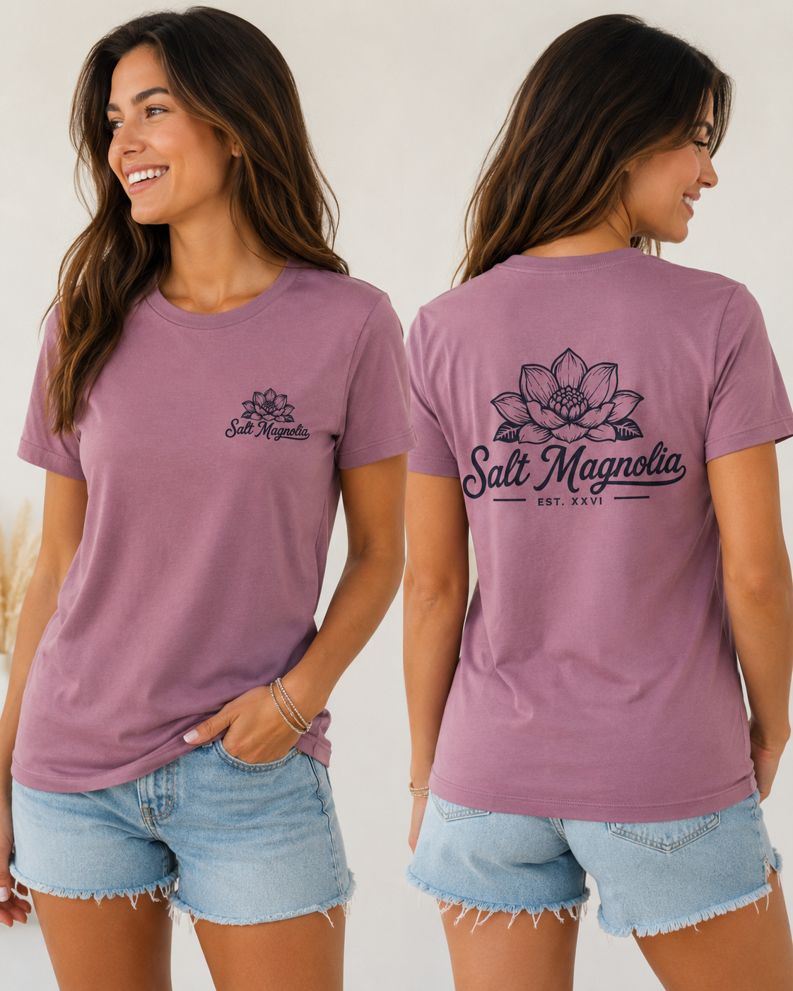Salt Magnolia Classic Logo Tee modeled in Orchid, front and back
