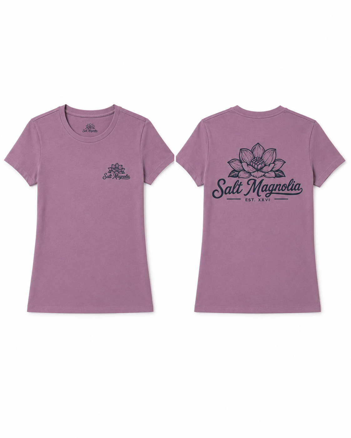 Salt Magnolia Classic Logo Tee in Orchid, front and back