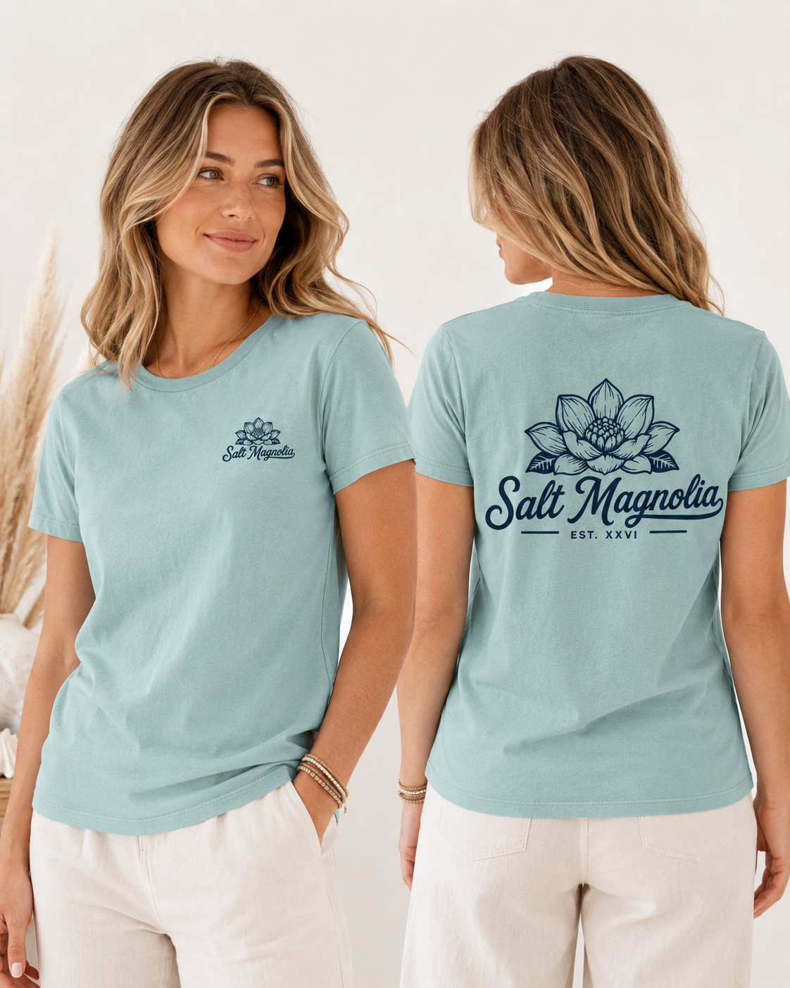 Salt Magnolia Classic Logo Tee modeled in Dusty Blue, front and back
