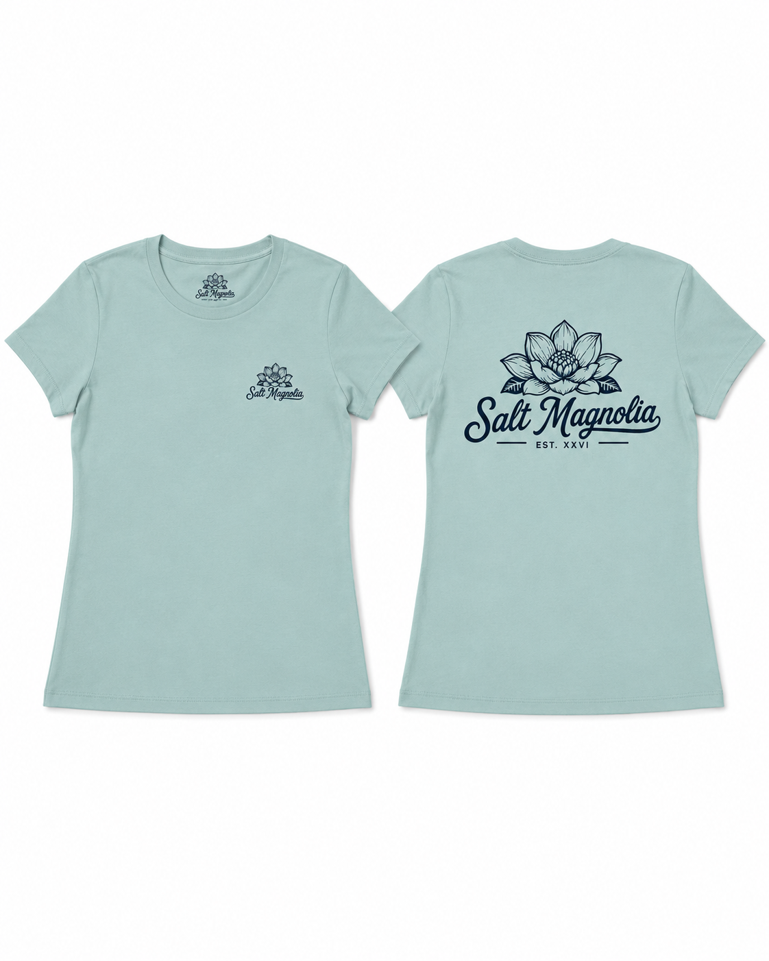 Salt Magnolia Classic Logo Tee in Dusty Blue, front and back