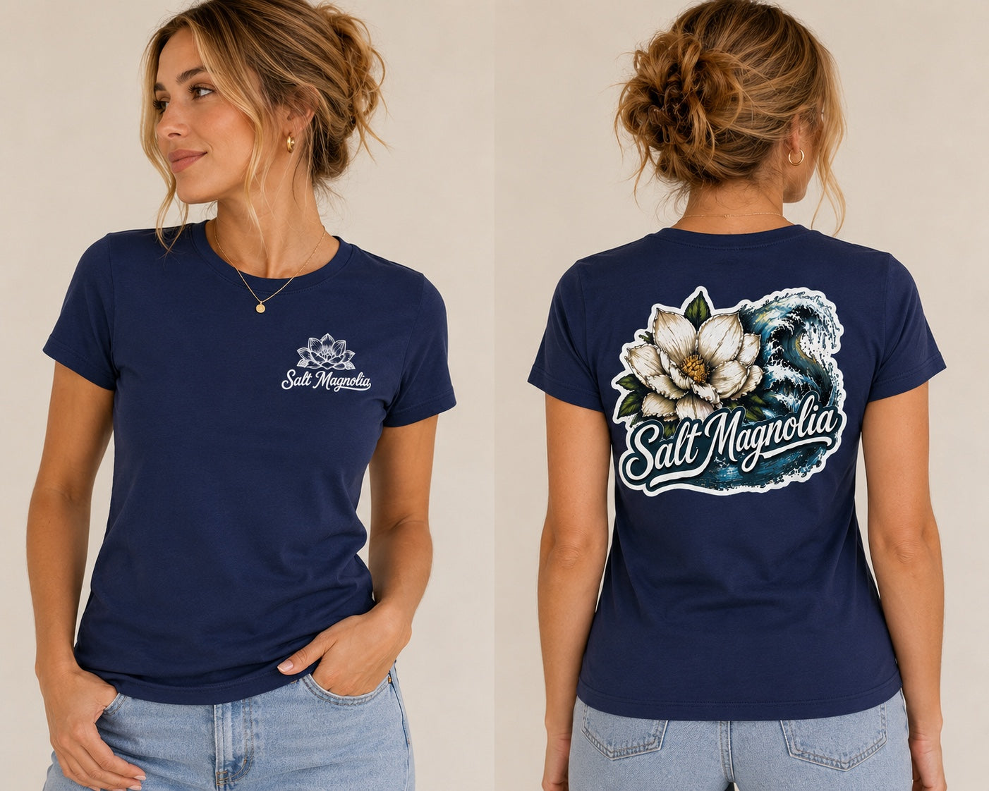 Salt Magnolia Wave Tee modeled in Navy, front and back