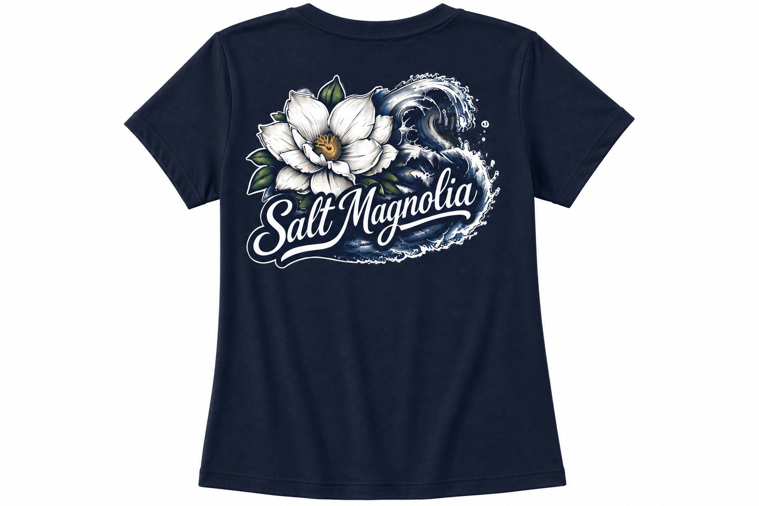 Salt Magnolia Wave Tee in Navy, wave artwork back view