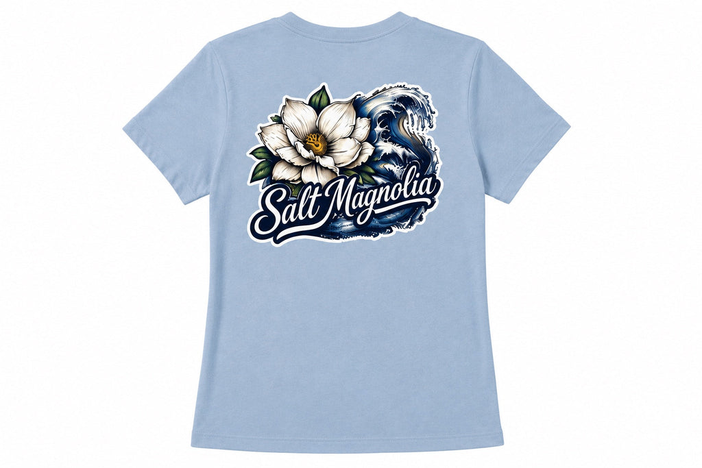 Salt Magnolia Wave Tee in Dusty Blue, wave artwork back view