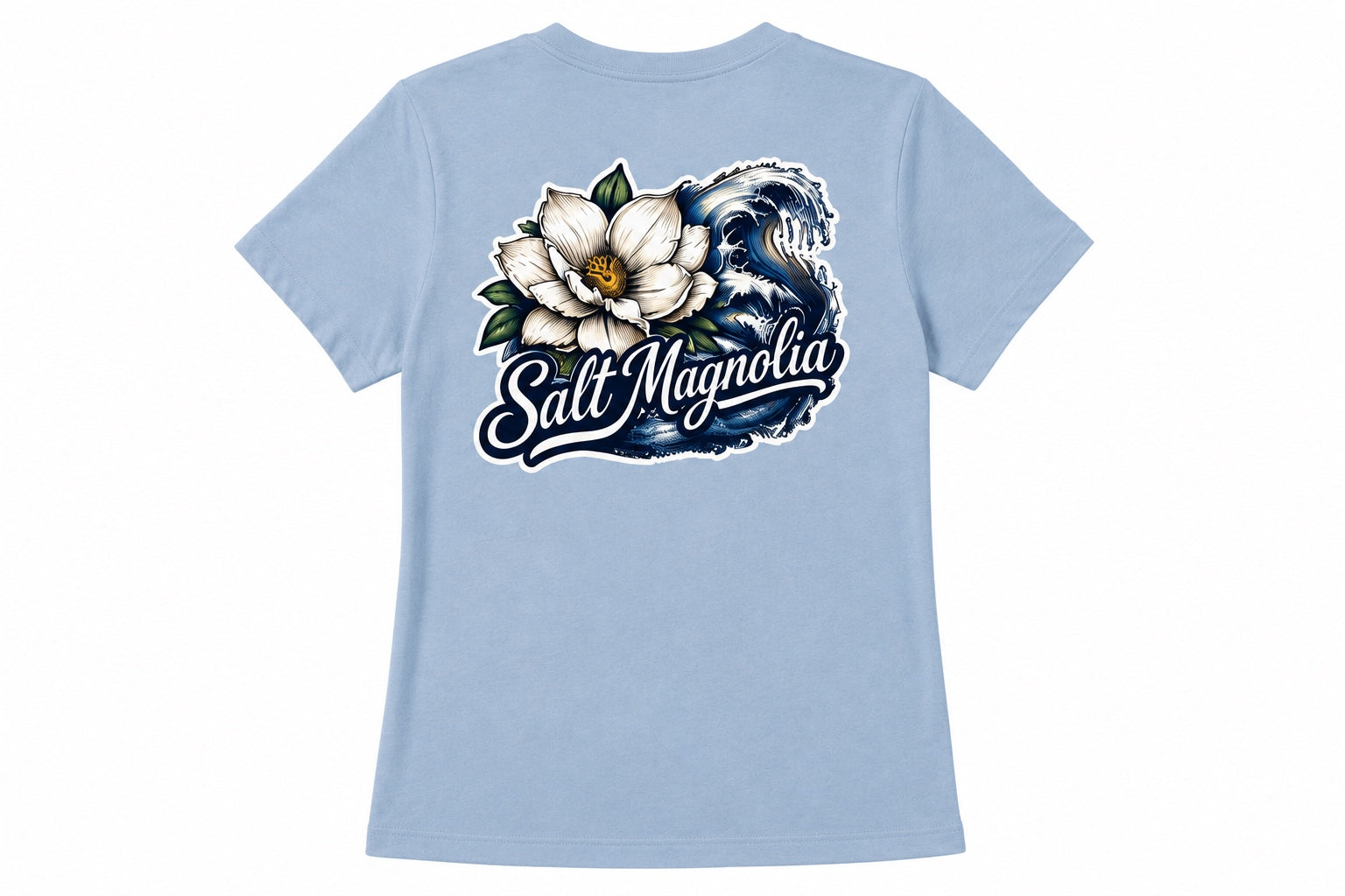 Salt Magnolia Wave Tee in Dusty Blue, wave artwork back view