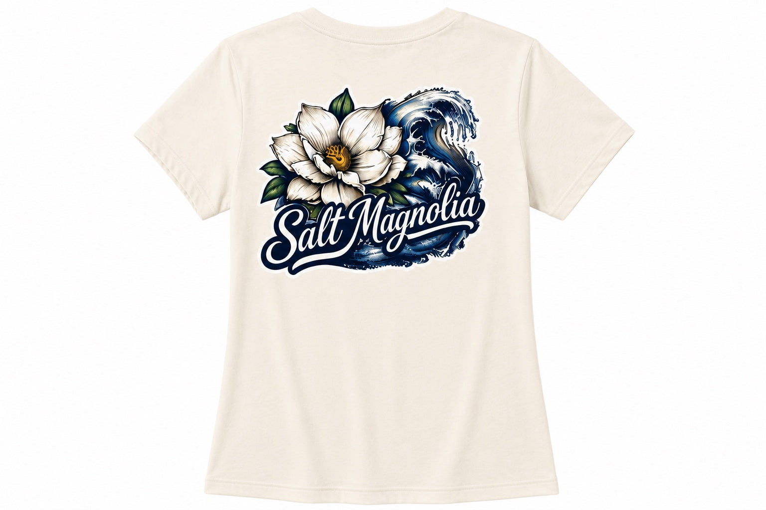 Salt Magnolia Wave Tee in Natural, wave artwork back view