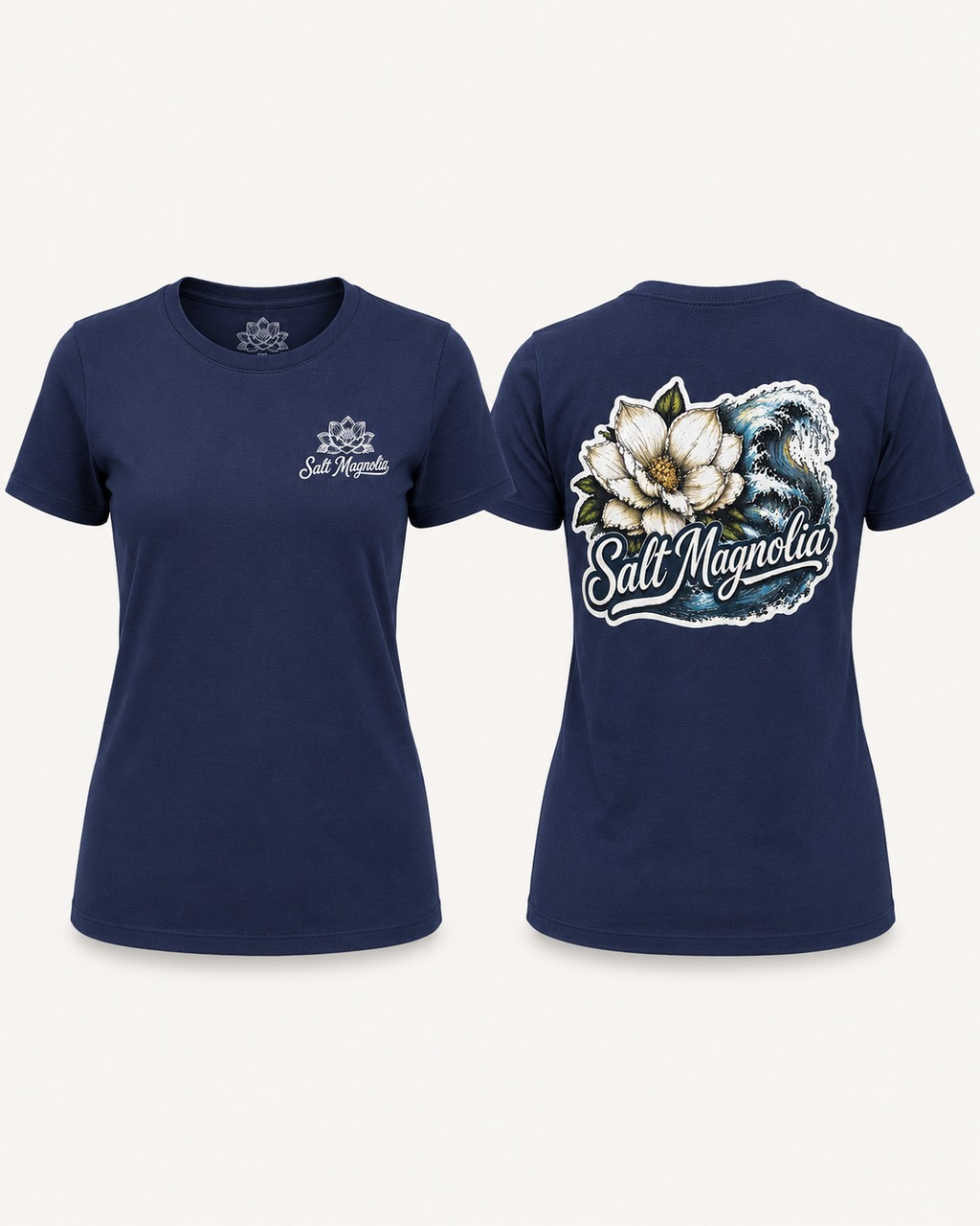 Salt Magnolia Wave Tee in Navy, front and back product view