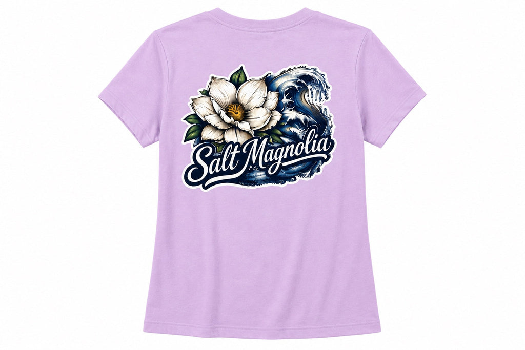 Salt Magnolia Wave Tee in Orchid, wave artwork back view